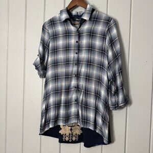ANDREE BY UNIT Plaid Crushed Velvet Embroidered Floral Blue Tunic Top‎ Shirt S